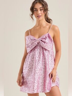 Altar'd State  Sidney Pink Sequin Mini Dress Bow Detail Strappy Party Coquette
